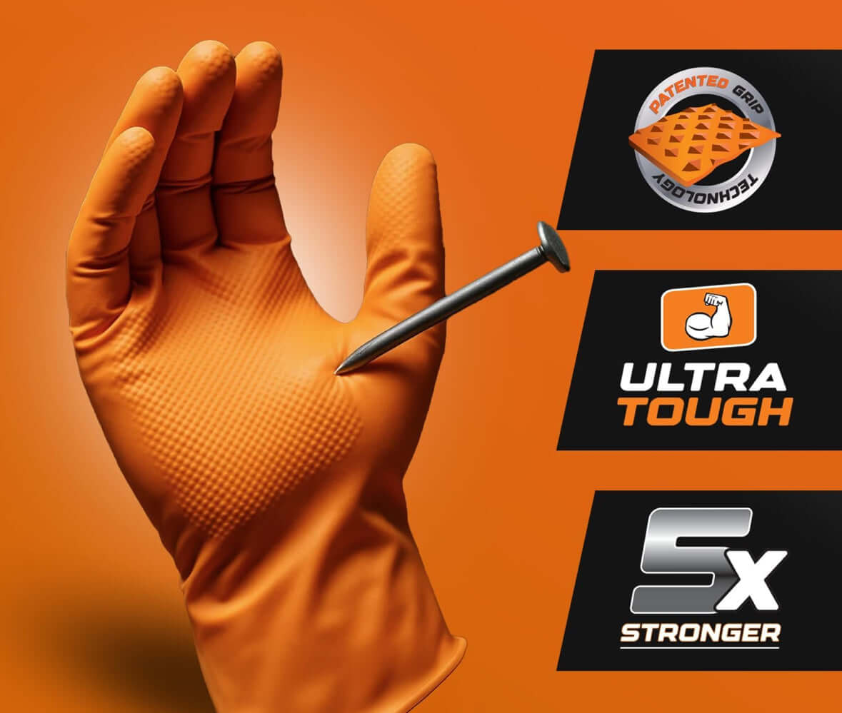 Orange glove holding a nail against an orange glove with 'Ultra Tough' and '5X Stronger' text.