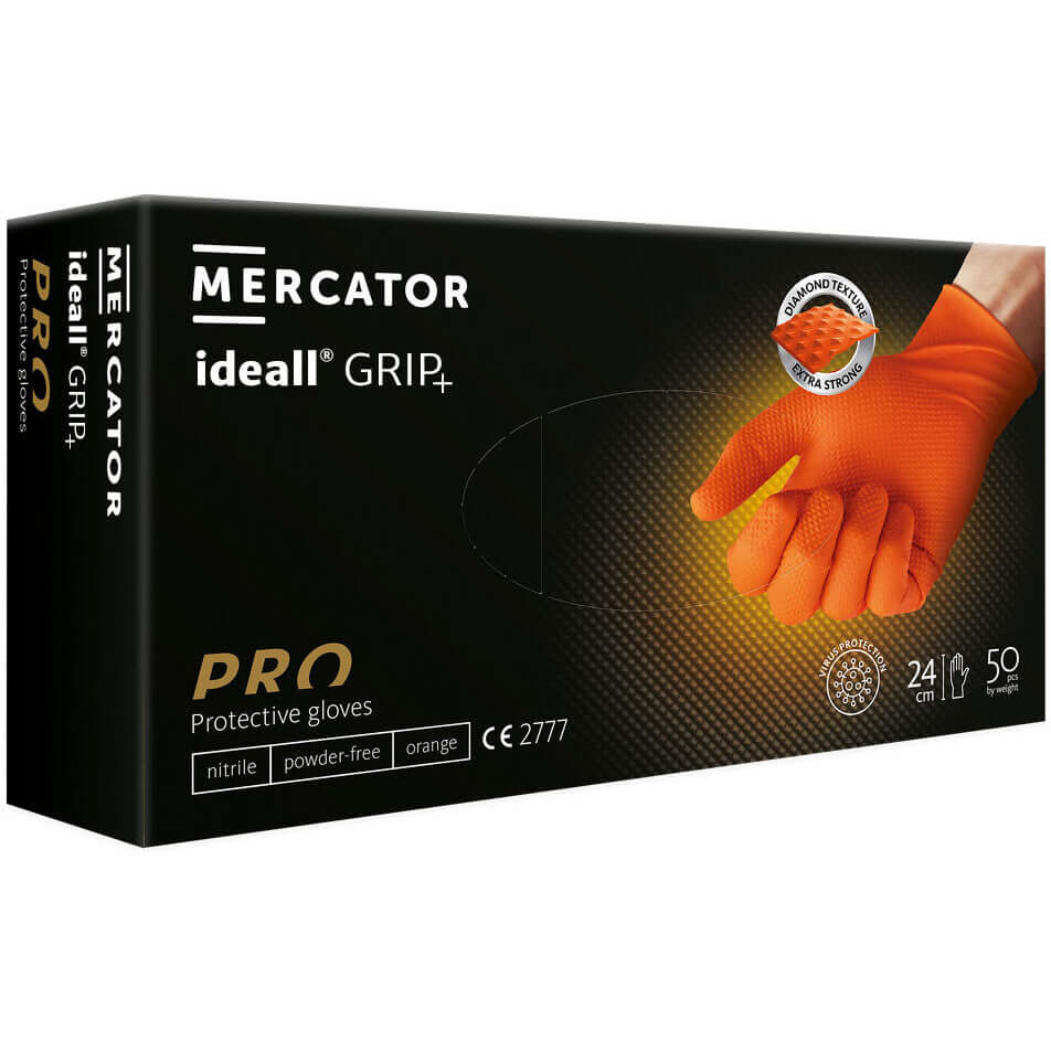 Box of Mercator ideall GRIP+ protective gloves with an orange glove