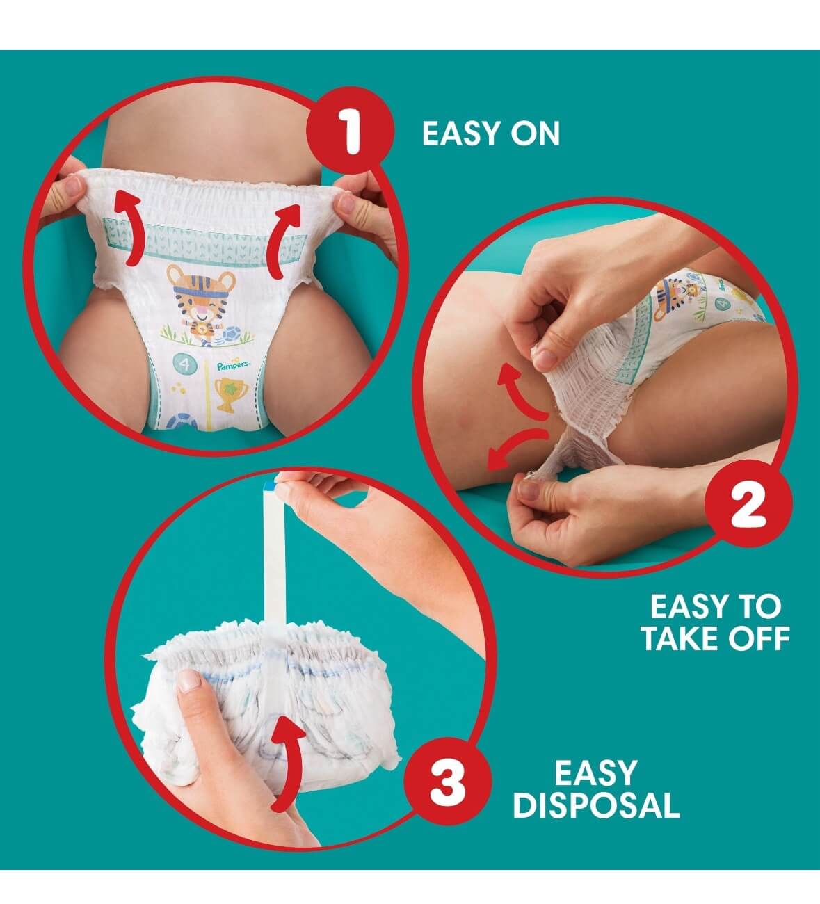 Instructions on how to put on, take off, and dispose of a diaper with clear steps.