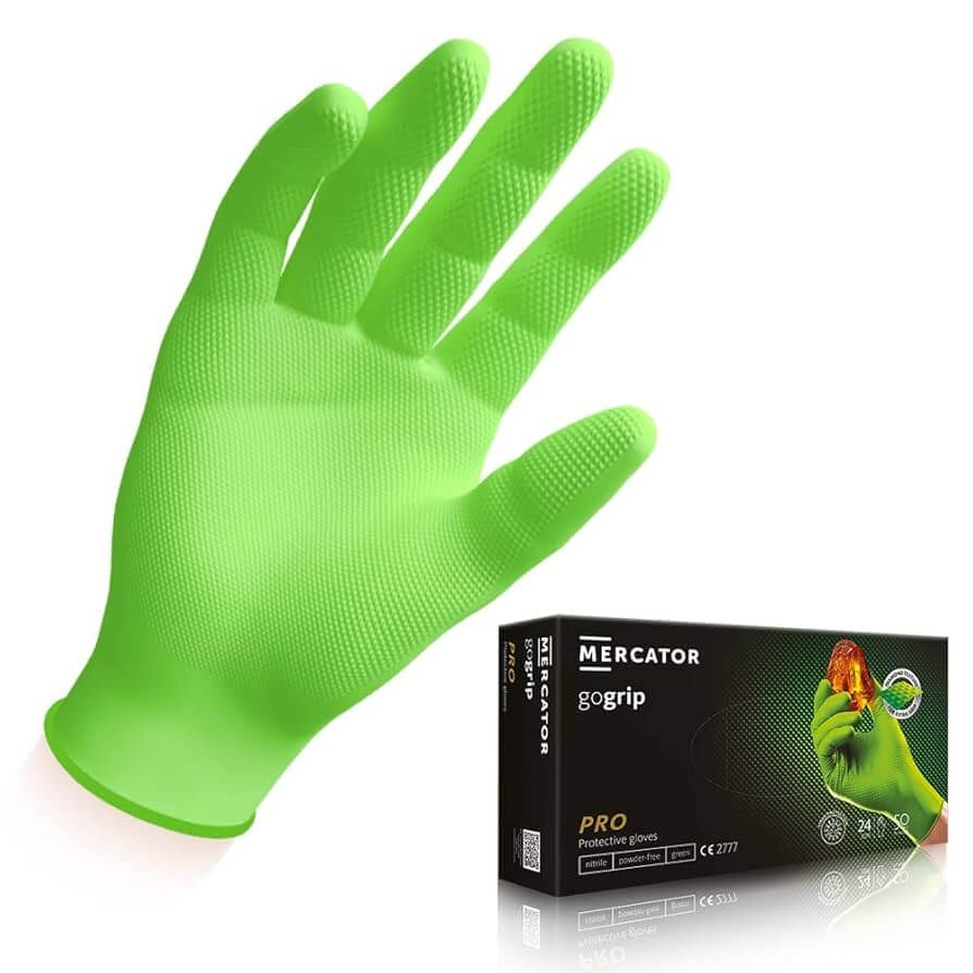 Green glove with textured palm and Mercator branded box