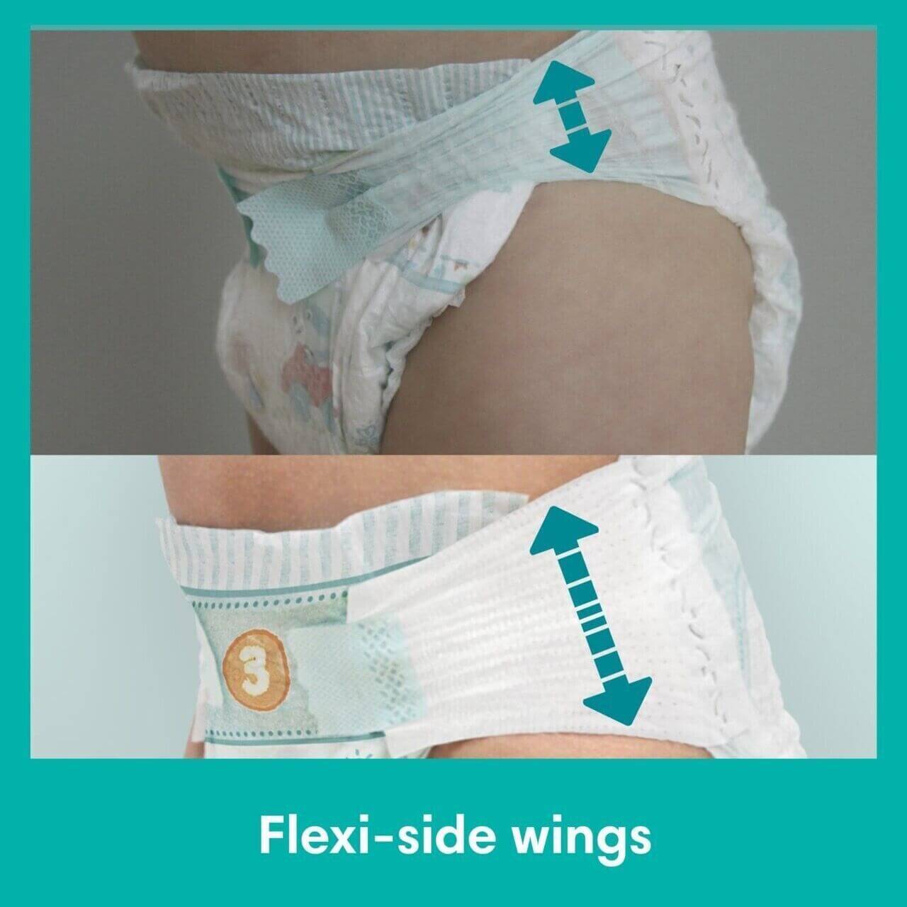 Diaper with flexi-side wings feature shown on a person wearing it.
