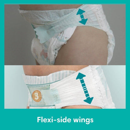 Diaper with flexi-side wings feature shown on a person wearing it.