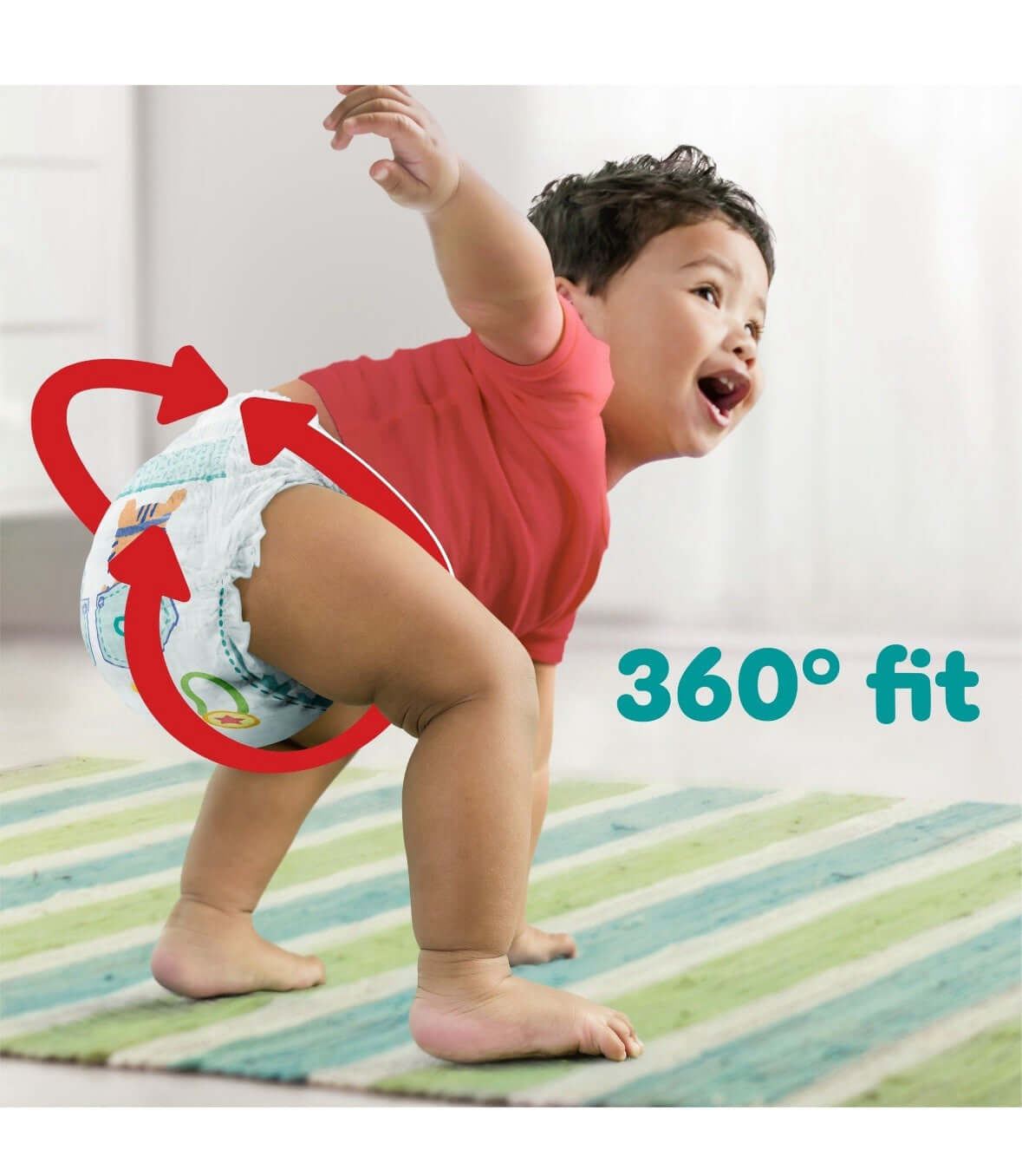 Child wearing a diaper with '360° fit' text and arrows indicating a full coverage design.