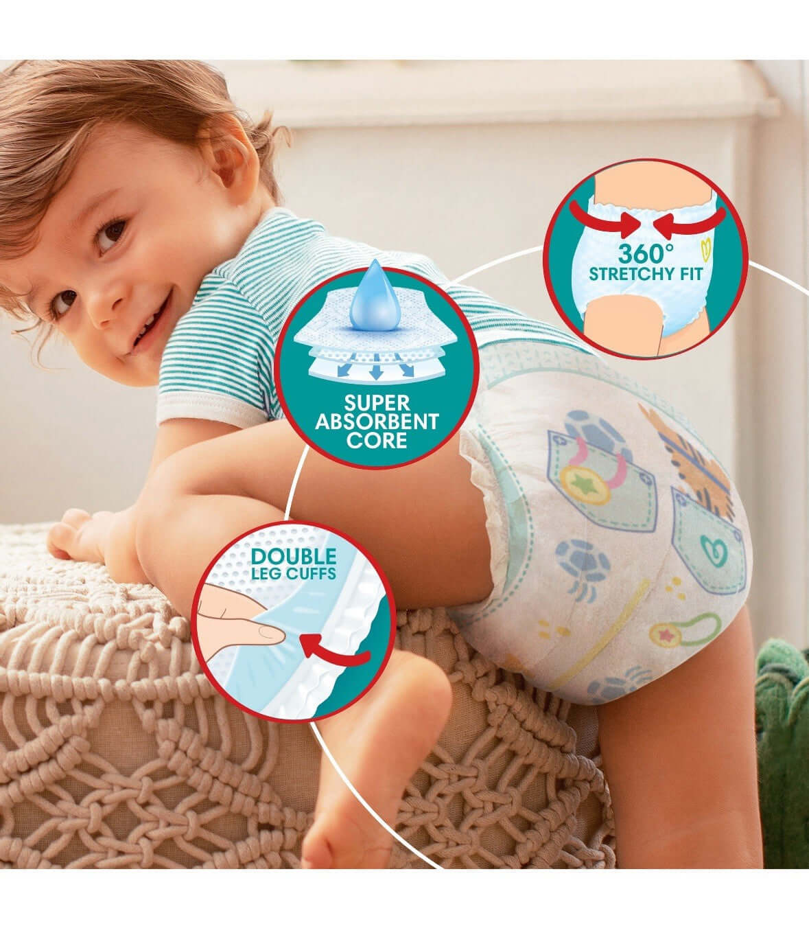 Child wearing a diaper with illustrations of its features