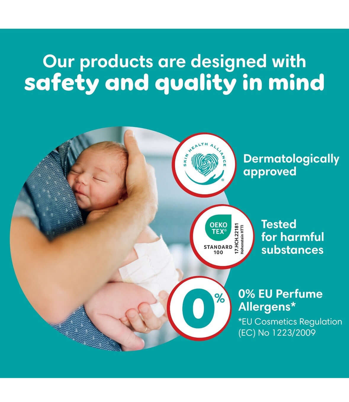 Advertisement for baby products with a baby being held, safety and quality assurances, and certification logos